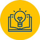 A yellow circle with an icon of an open book and a light bulb